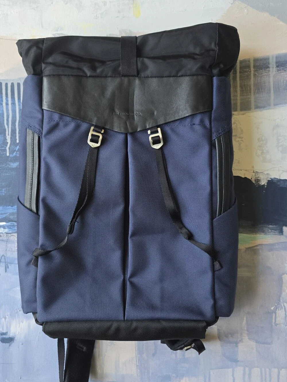 The Frenchie Co Anti-Theft Speed Roll Top Backpack Navy Blue Black Leather bags